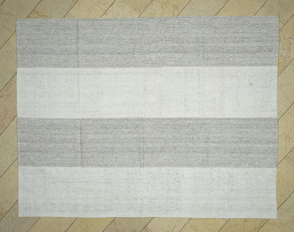 Handwoven Turkish Kilim Rug - Gray Stripe Pattern, Wool Blend - Flat weave Rugs