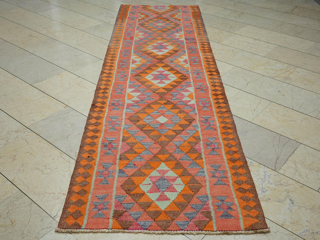 Turkish Orange Rug Runner: 3x10.2 Feet,Hand Flat Woven Colorful Kilim Rugs