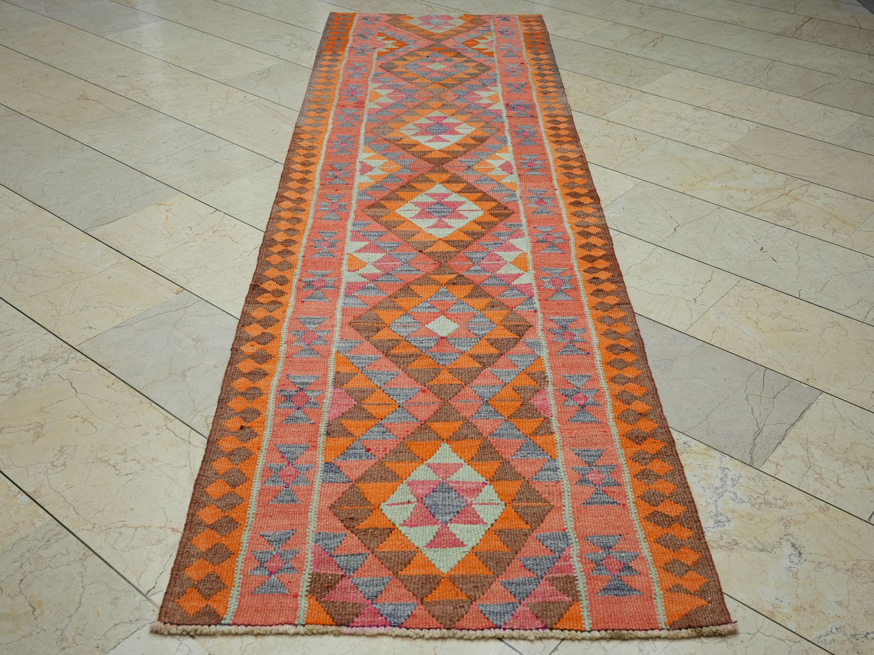 Turkish Orange Rug Runner: 3x10.2 Feet,Hand Flat Woven Colorful Kilim Rugs