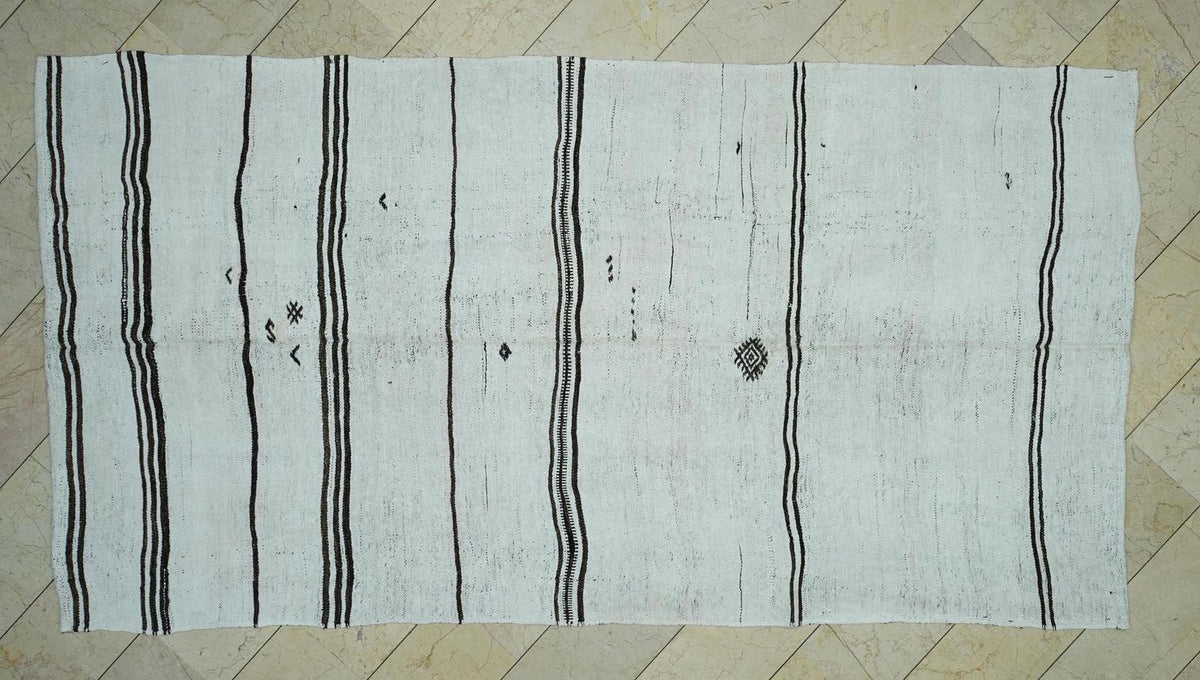 Eco-Friendly Stripe Handwoven Hemp Kilim Rug: Minimalist Home Style Turkish Rugs 5,6x10,7 Ft.