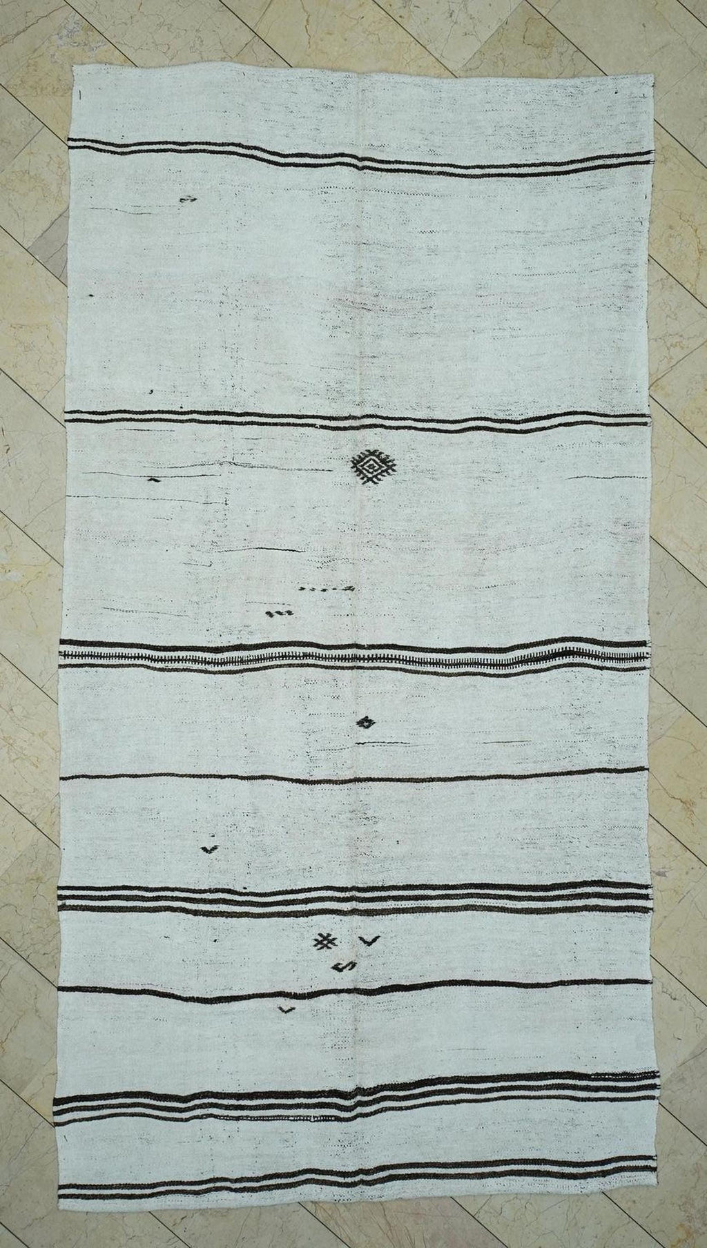 Eco-Friendly Stripe Handwoven Hemp Kilim Rug: Minimalist Home Style Turkish Rugs 5,6x10,7 Ft.