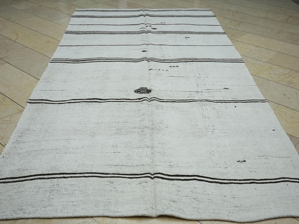 Eco-Friendly Stripe Handwoven Hemp Kilim Rug: Minimalist Home Style Turkish Rugs 5,6x10,7 Ft.