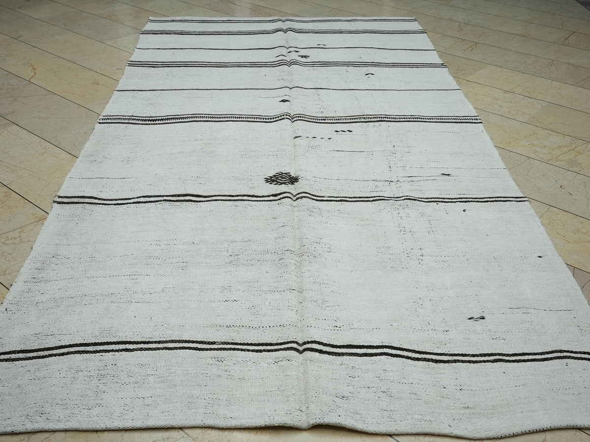 Eco-Friendly Stripe Handwoven Hemp Kilim Rug: Minimalist Home Style Turkish Rugs 5,6x10,7 Ft.