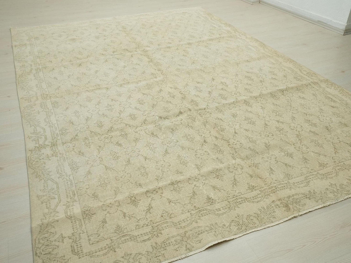 Vintage Turkish Oushak Rug, Wool on Cotton, Faded Floral (7x10 Feet)