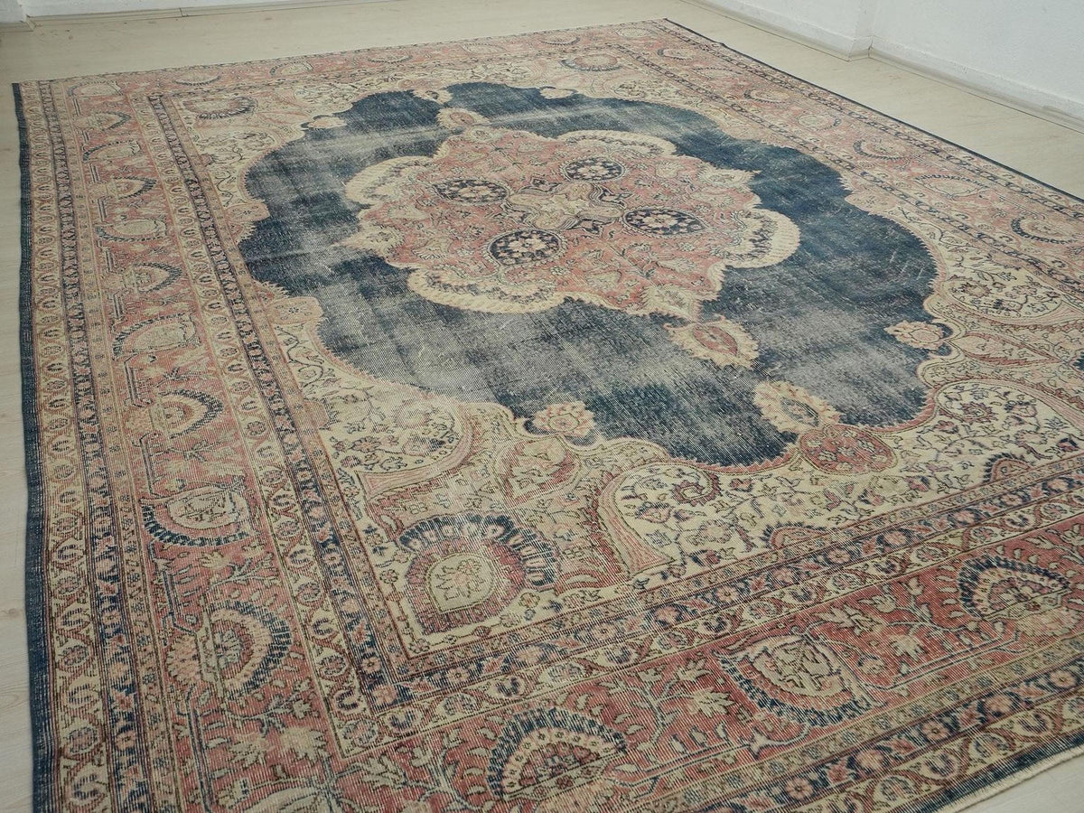 Vintage Turkish Oushak Rug - Navy Blue Wool Oversize 10x14 Feet