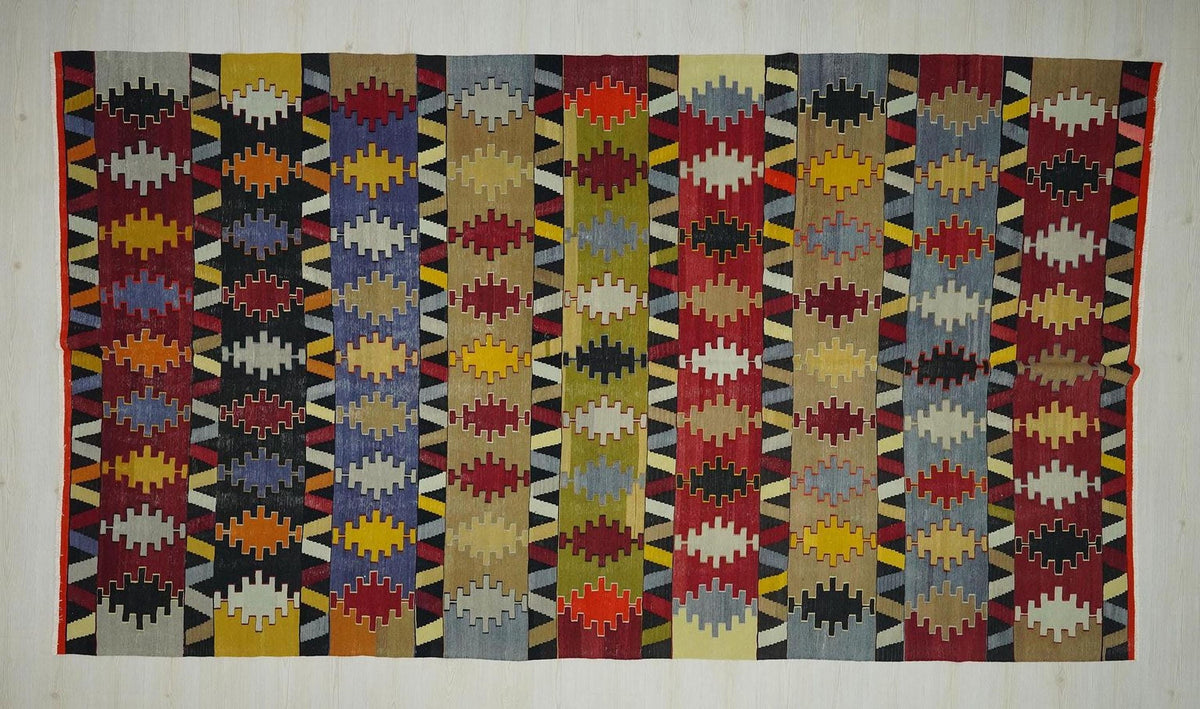 Antique Turkey Sivas Kilim Rug: 1940s Unique Colorful Handwoven Area Rugs, 7x12.3 ft.
