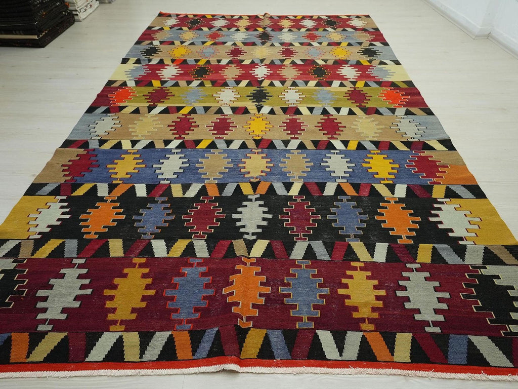 Antique Turkey Sivas Kilim Rug: 1940s Unique Colorful Handwoven Area Rugs, 7x12.3 ft.