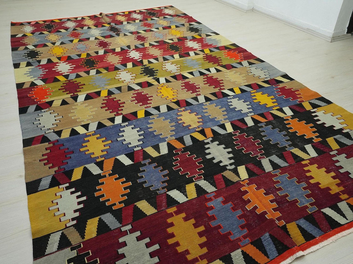Antique Turkey Sivas Kilim Rug: 1940s Unique Colorful Handwoven Area Rugs, 7x12.3 ft.