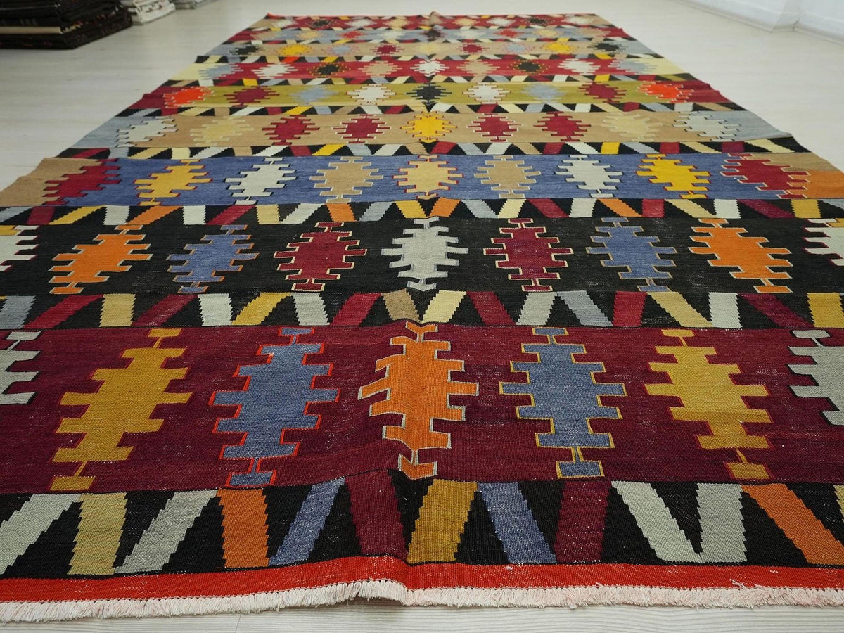 Antique Turkey Sivas Kilim Rug: 1940s Unique Colorful Handwoven Area Rugs, 7x12.3 ft.