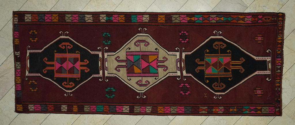 Long Turkish Kilim Rug: 4.4x11.3 ft Antique Kars Wool Rugs