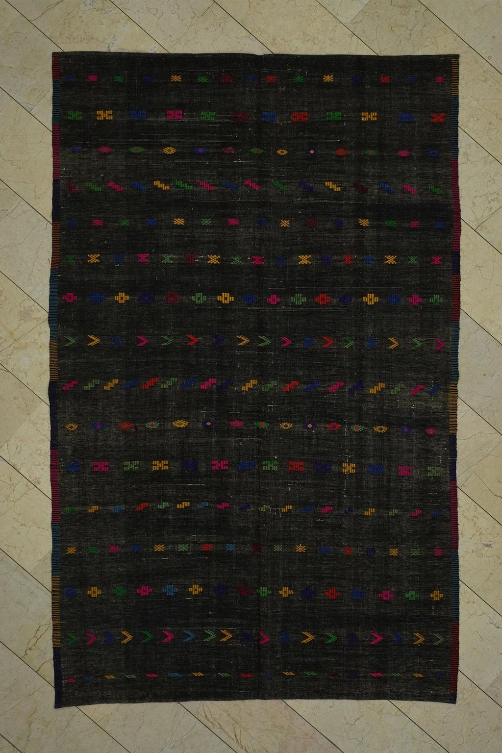 Black Turkish Kilim Rug: Multi-Color Embroidery, Goat Wool, Mid-Century Modern (5,11x9,8 Feet)