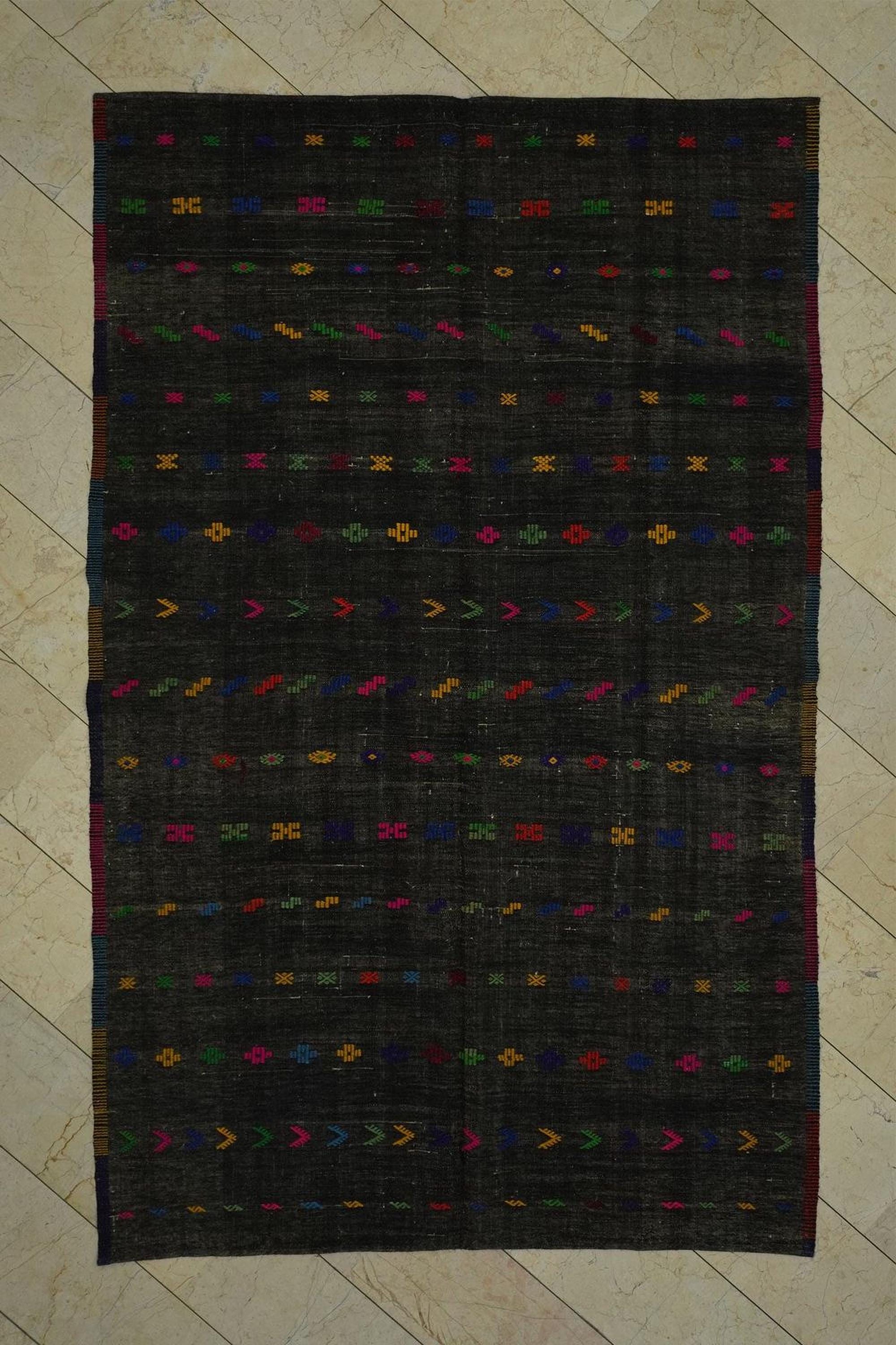 Black Turkish Kilim Rug: Multi-Color Embroidery, Goat Wool, Mid-Century Modern (5,11x9,8 Feet)