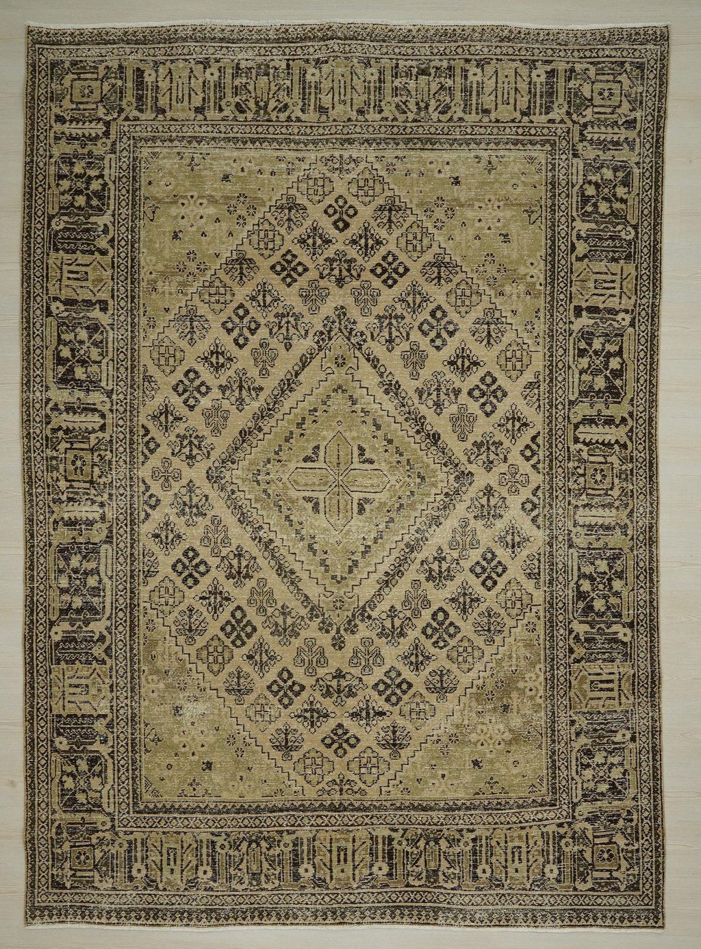Vintage Beige Brown Wool Rug: 7.2x10 Mid-Century Modern Carpet