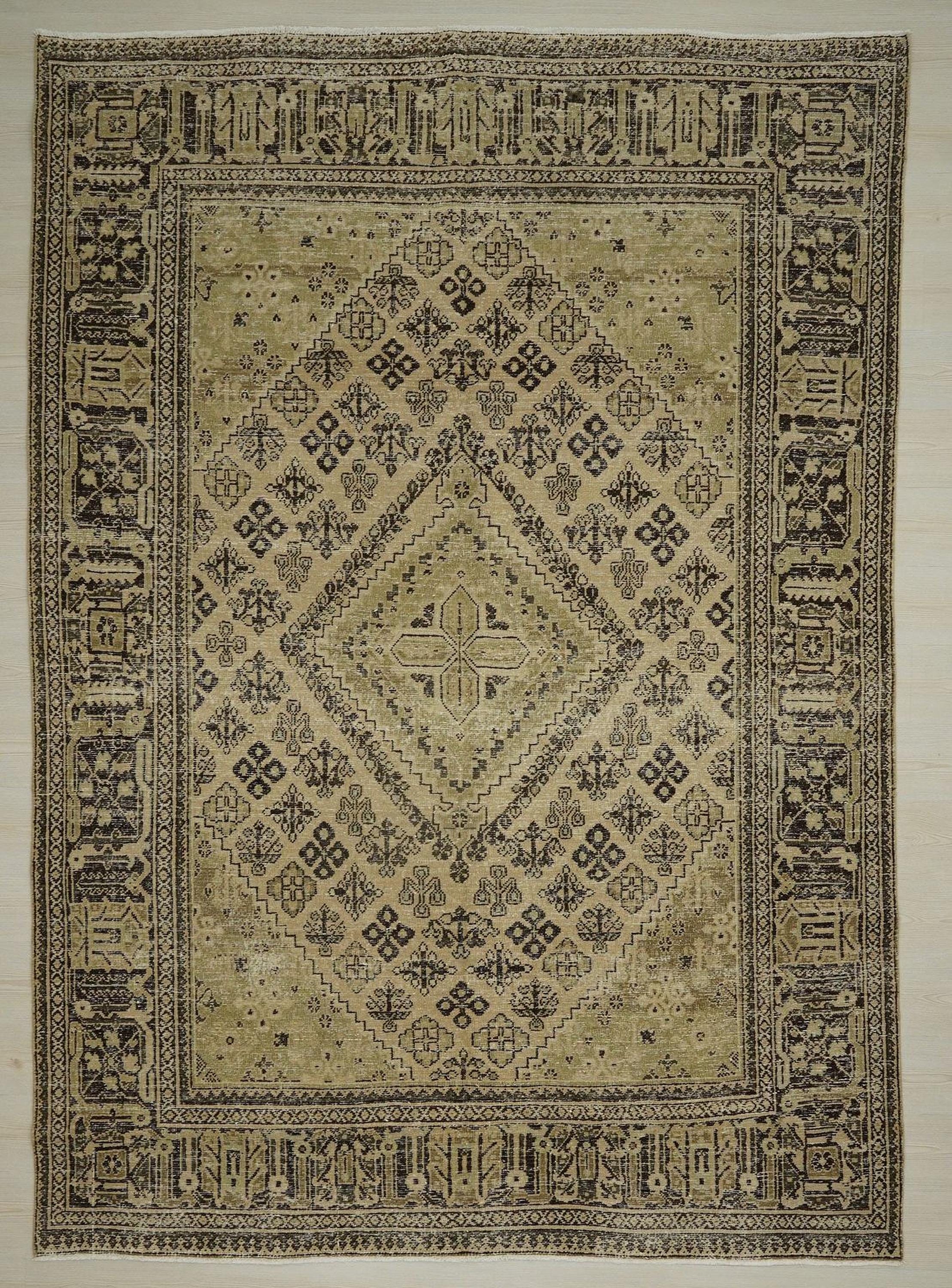 Vintage Beige Brown Wool Rug: 7.2x10 Mid-Century Modern Carpet