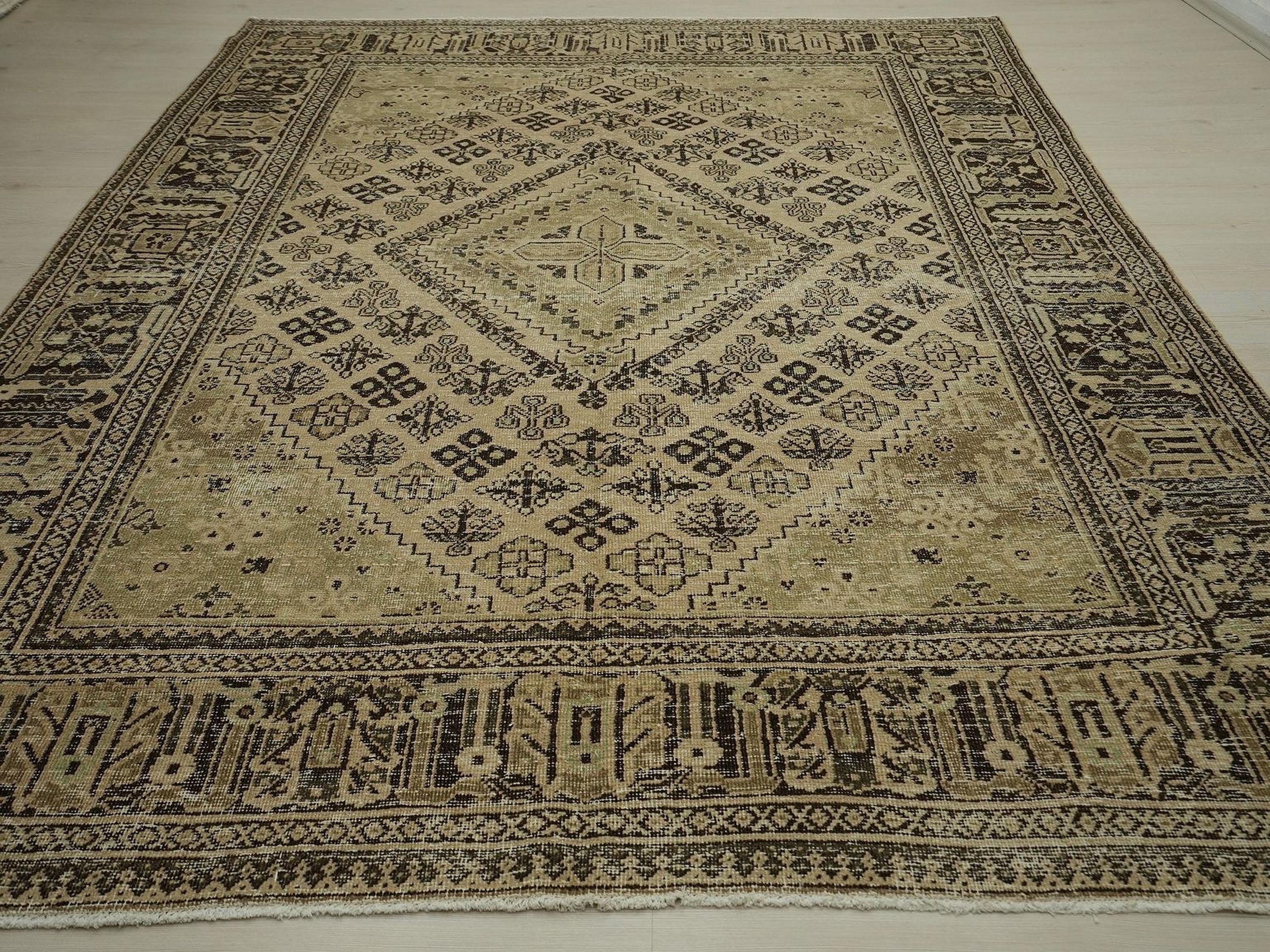 Vintage Beige Brown Wool Rug: 7.2x10 Mid-Century Modern Carpet