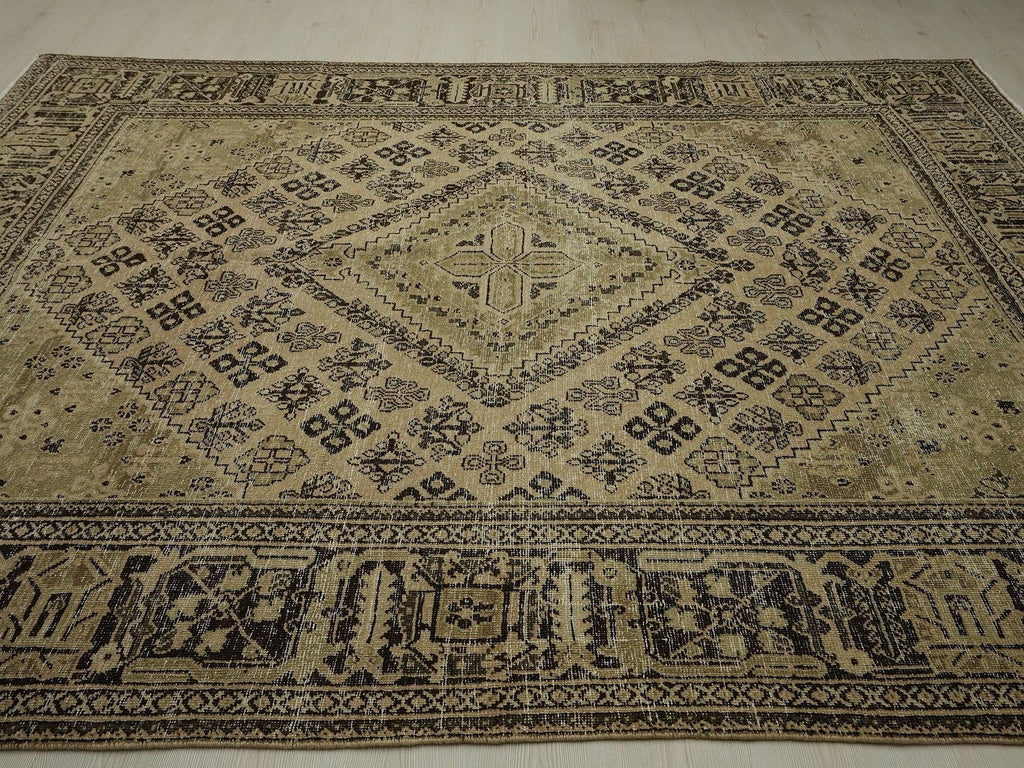 Vintage Beige Brown Wool Rug: 7.2x10 Mid-Century Modern Carpet