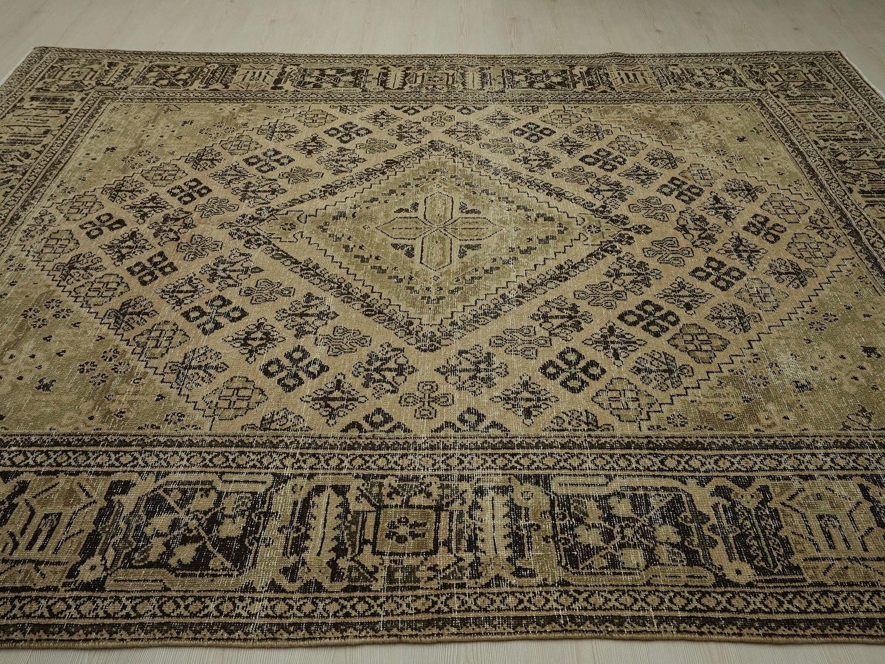 Vintage Beige Brown Wool Rug: 7.2x10 Mid-Century Modern Carpet