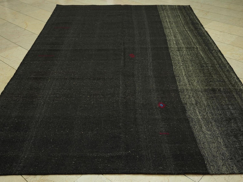 Vintage Anatolian Goat Hair Kilim Rug: 6.6"x10.4' Feet,Dark Brown Nomadic Rugs