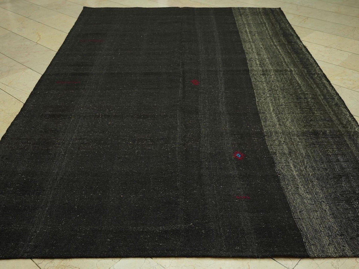 Vintage Anatolian Goat Hair Kilim Rug: 6.6"x10.4' Feet,Dark Brown Nomadic Rugs