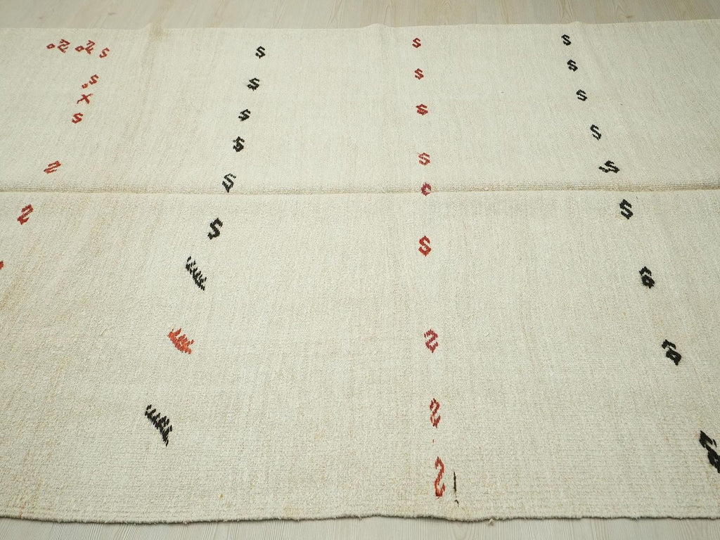 Embroidered Organic Handwoven Hemp Kilim Rug: Modern Cream White Turkish Rugs, 6x13,4 Feet.