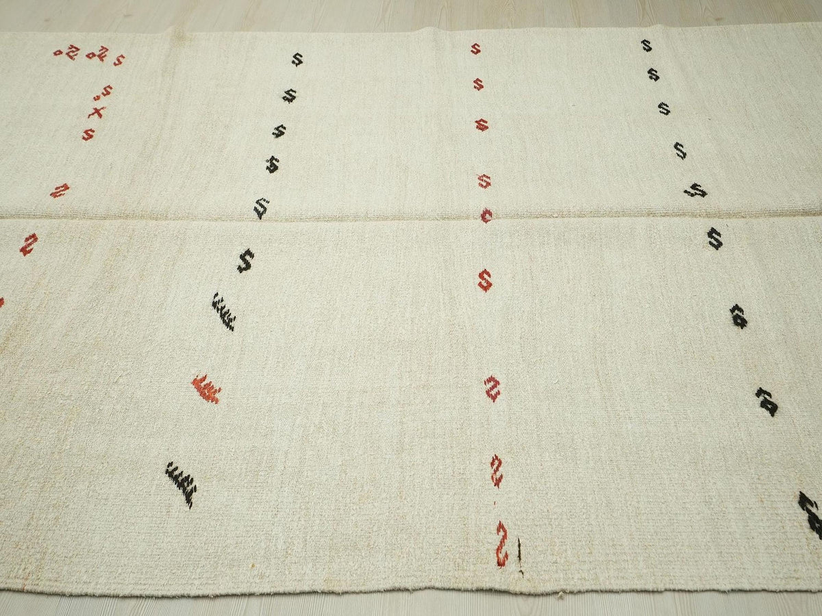 Embroidered Organic Handwoven Hemp Kilim Rug: Modern Cream White Turkish Rugs, 6x13,4 Feet.