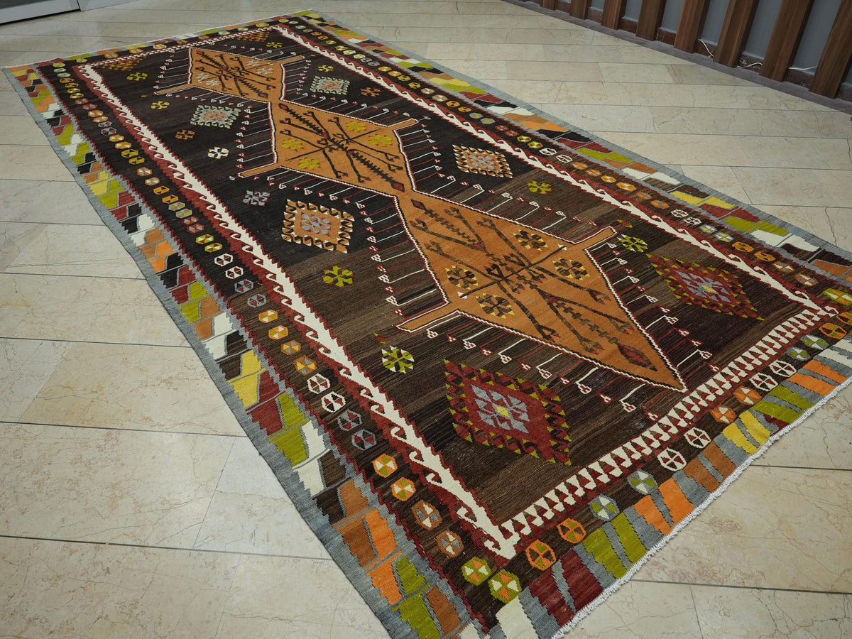 One Of A Kind Flatweave Antique Turkish Kilim Rug,6.4x13 Ft,Old Anatolian Rugs