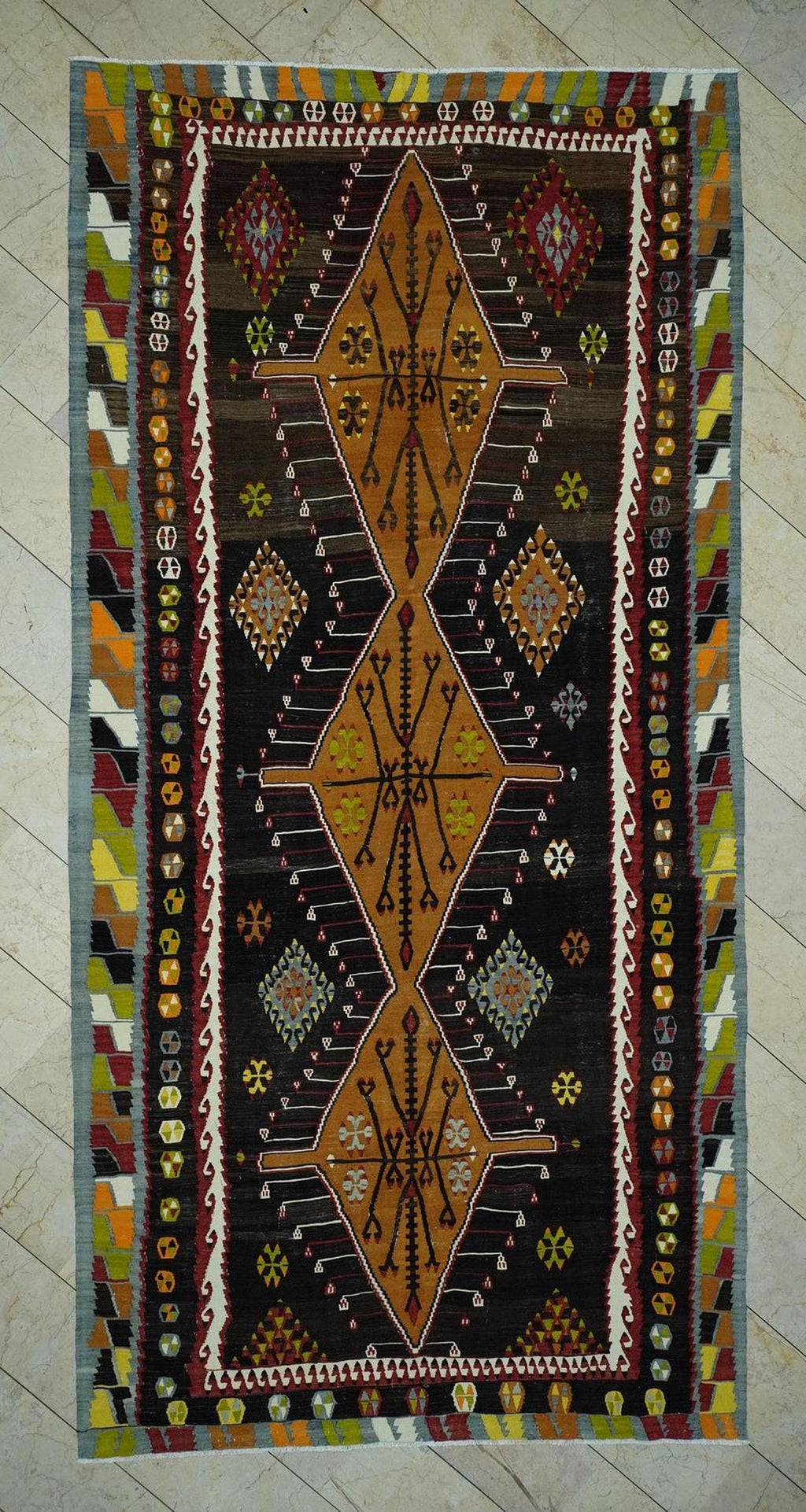 One Of A Kind Flatweave Antique Turkish Kilim Rug,6.4x13 Ft,Old Anatolian Rugs