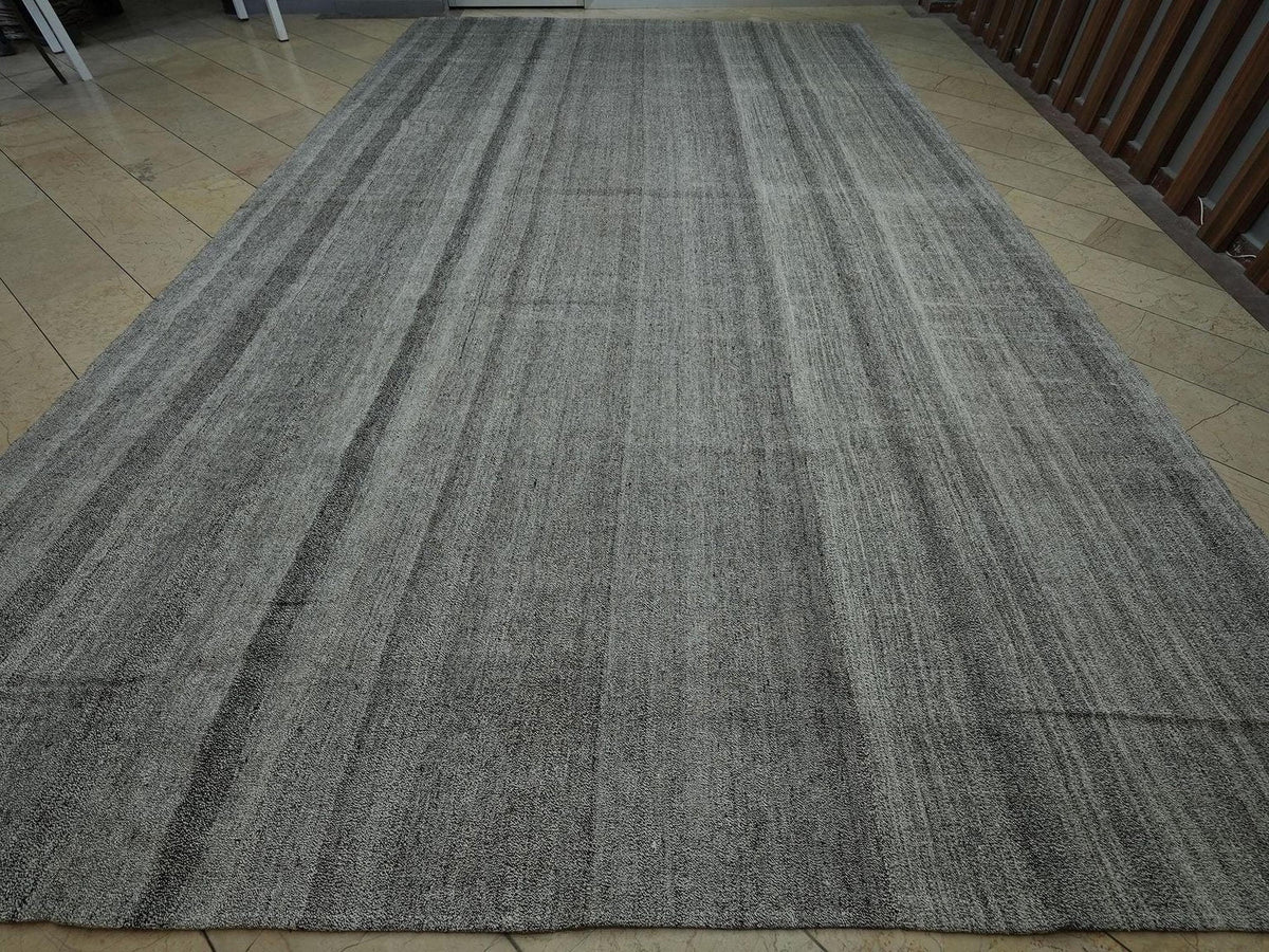 10x17 Oversized Naturel Gray Tent Kilim Rug: Cotton & Goat Hair Flatweave Turkish Nomadic Rugs.