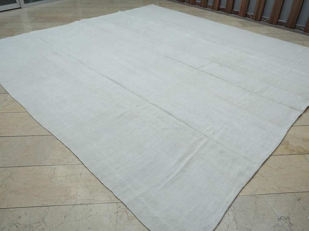 Oversized White Hemp Kilim Rug: Vintage Turkish Flat Woven Rugs 10.7" x 11.6" Feet