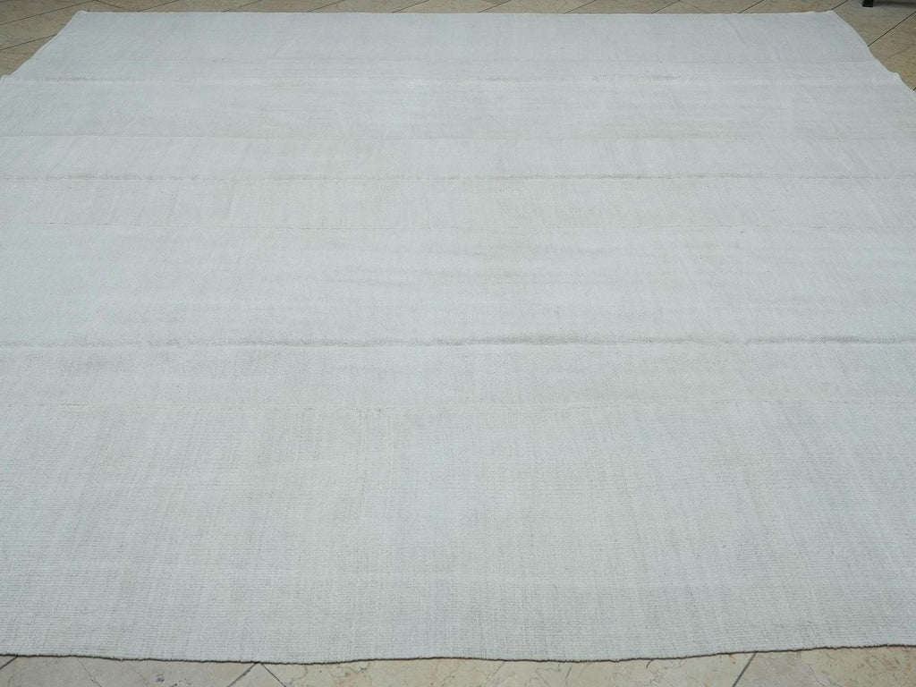 Oversized White Hemp Kilim Rug: Vintage Turkish Flat Woven Rugs 10.7" x 11.6" Feet