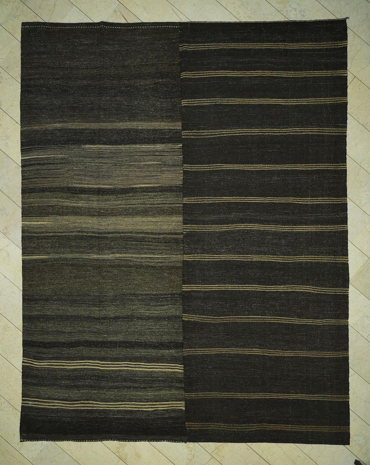 Oversized Striped Turkish Goat Hair Woven Kilim Rug: 10.3x13.1 Feet,Brown & Tan Vintage Rugs