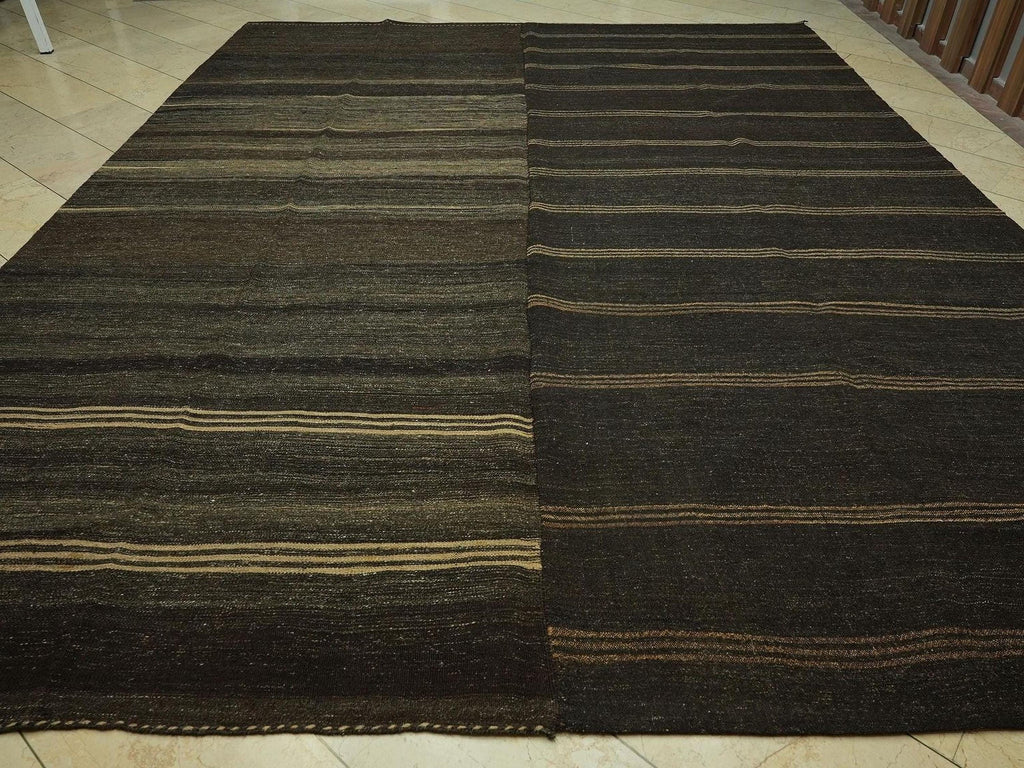 Oversized Striped Turkish Goat Hair Woven Kilim Rug: 10.3x13.1 Feet,Brown & Tan Vintage Rugs