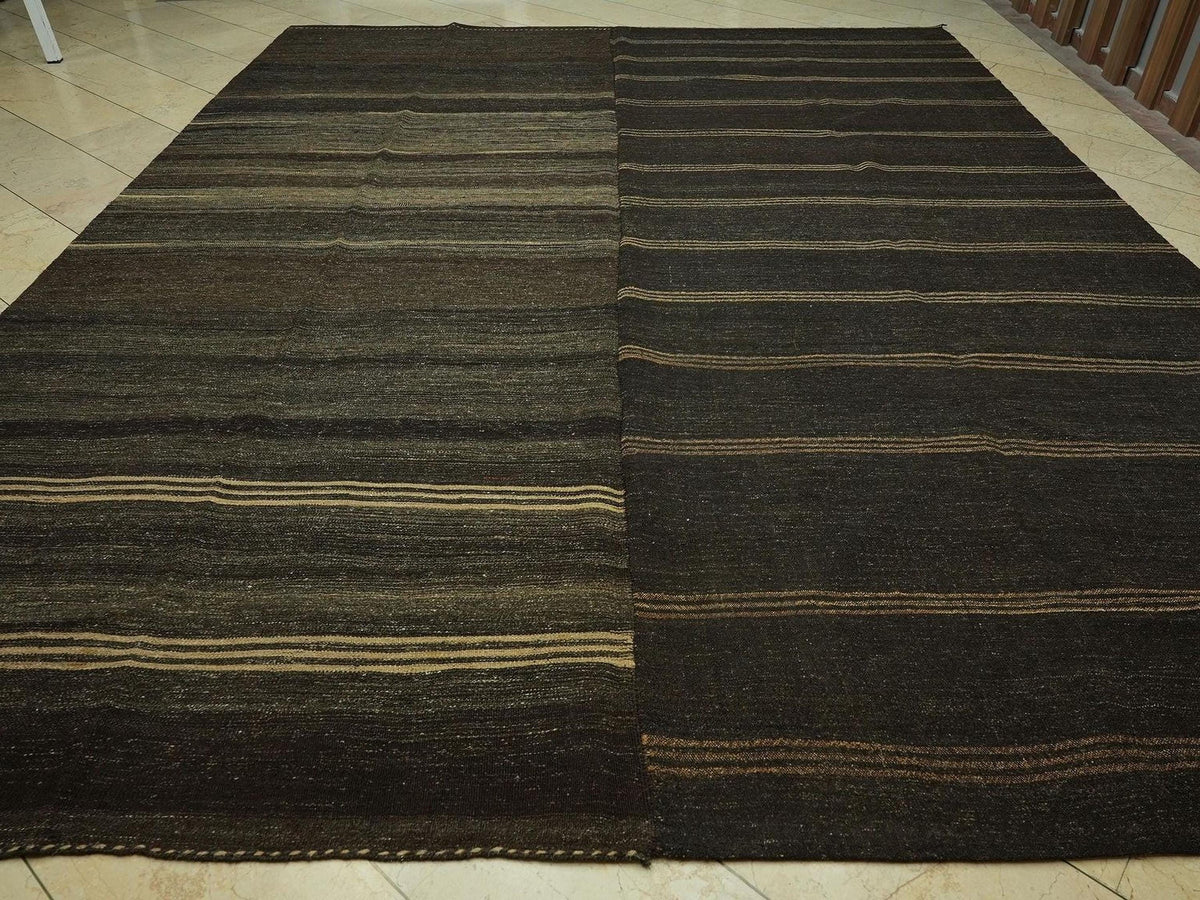 Oversized Striped Turkish Goat Hair Woven Kilim Rug: 10.3x13.1 Feet,Brown & Tan Vintage Rugs