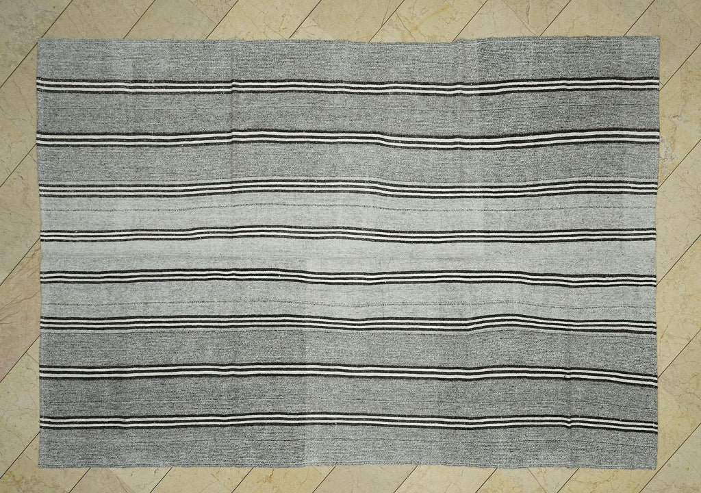 Scandinavian Style: Black Stripe Natural Gray Kilim Rug 7x10.2 Flat Woven Turkish Rugs