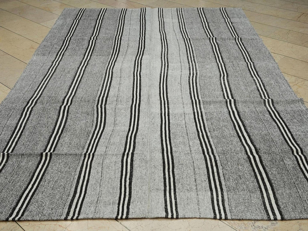 Scandinavian Style: Black Stripe Natural Gray Kilim Rug 7x10.2 Flat Woven Turkish Rugs