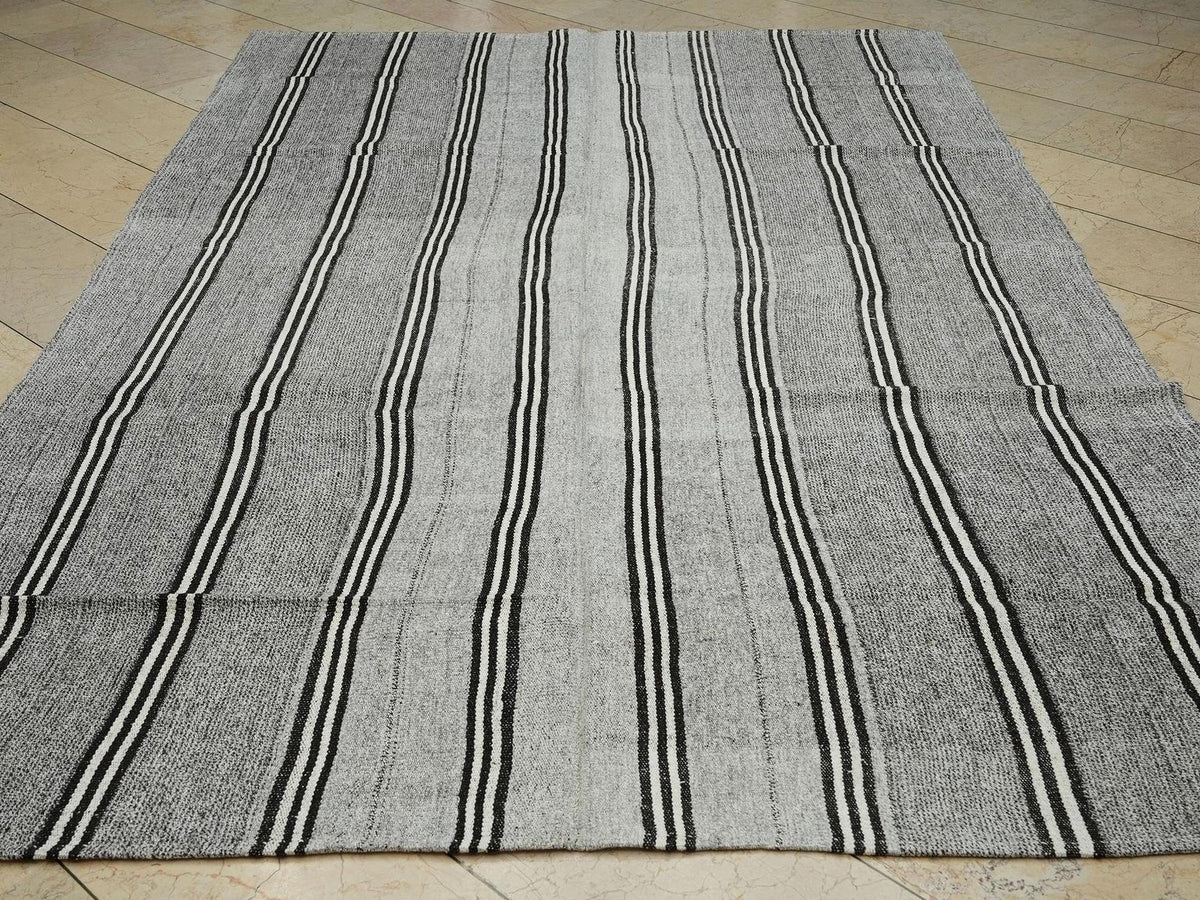 Scandinavian Style: Black Stripe Natural Gray Kilim Rug 7x10.2 Flat Woven Turkish Rugs