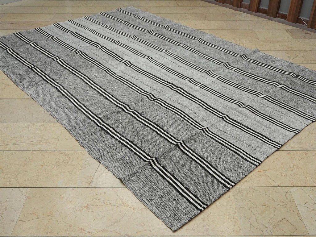Scandinavian Style: Black Stripe Natural Gray Kilim Rug 7x10.2 Flat Woven Turkish Rugs