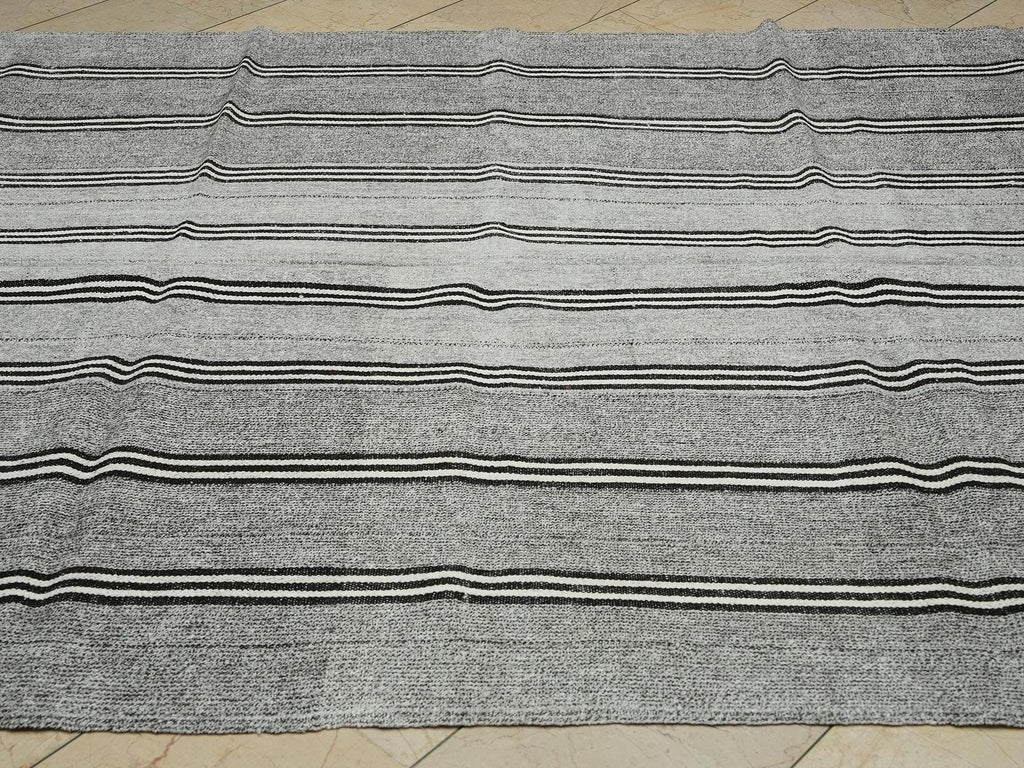 Scandinavian Style: Black Stripe Natural Gray Kilim Rug 7x10.2 Flat Woven Turkish Rugs