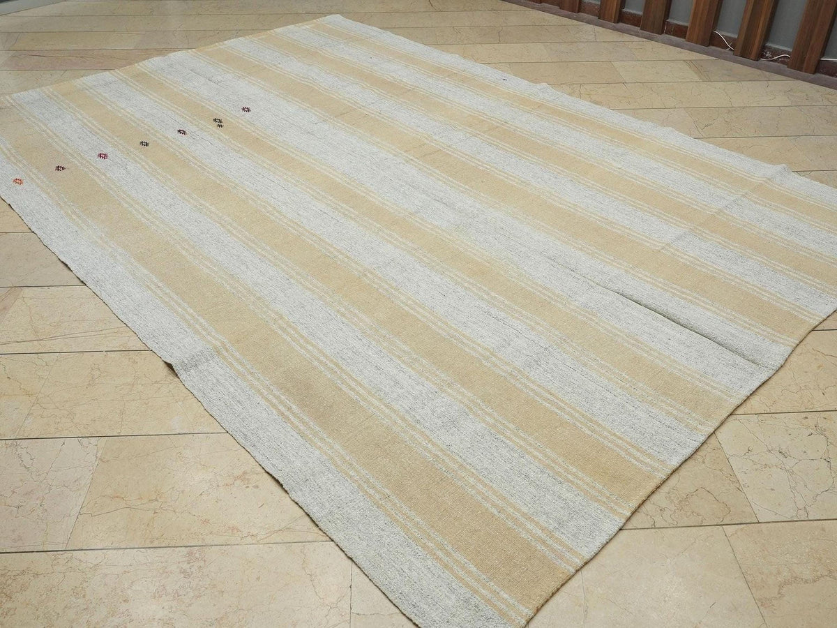 Summer Decor Terra-Cotta Striped ivory Turkish Kilim Rug: 7x11 Life Line Pattern Modern Rugs.