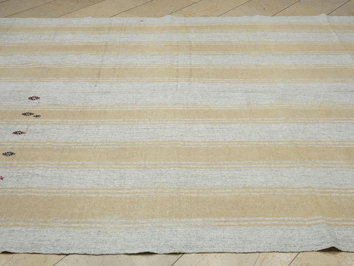 Summer Decor Terra-Cotta Striped ivory Turkish Kilim Rug: 7x11 Life Line Pattern Modern Rugs.