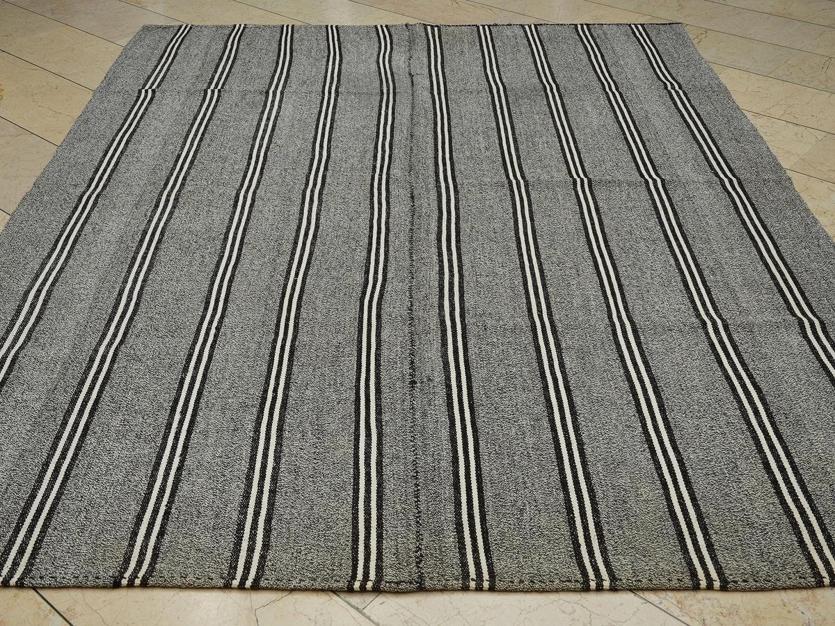 Striped Gray Kilim Rug: Modern Turkish Flatweave (6,11"x8,8" Feet)