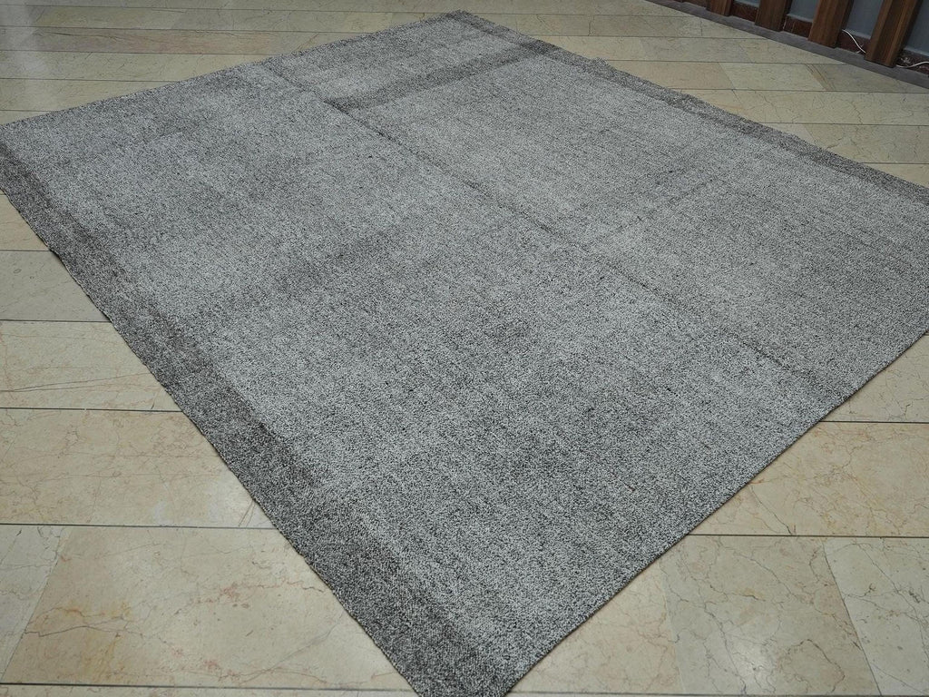 Fall Decor Minimalist Plain Silver Gray Stripe Turkish Handmade Kilim Rug,7.4x8.7 ft