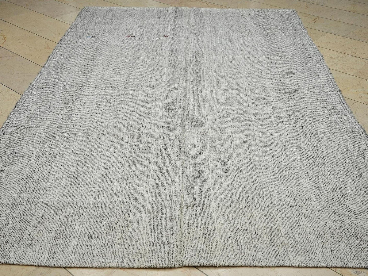 Gray Turkish Kilim Rug: 6.3"x9.8" Feet, Vintage Flat Woven Floor Decor Rugs.