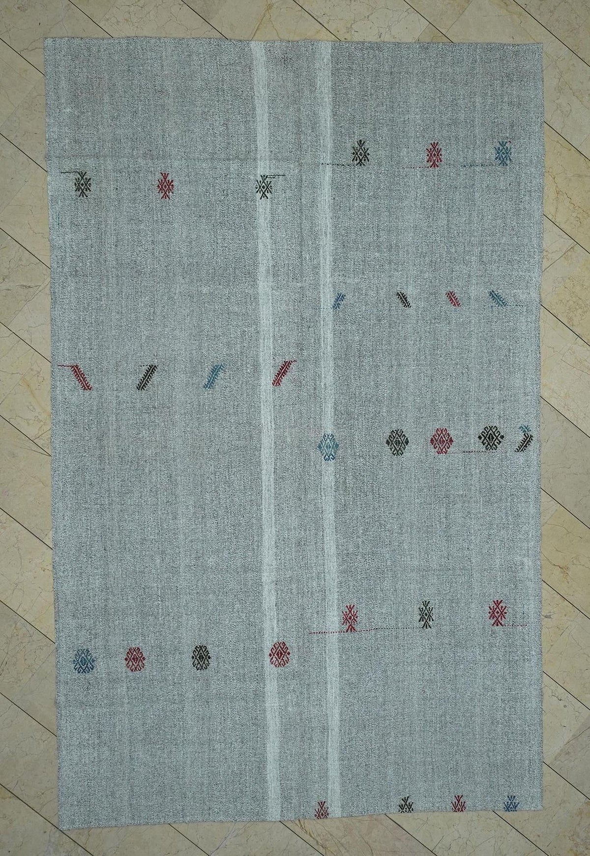 Flat Woven Embroidered Kilim Rug: Gray & White Turkish Nomadic Rugs, 7x11 ft.
