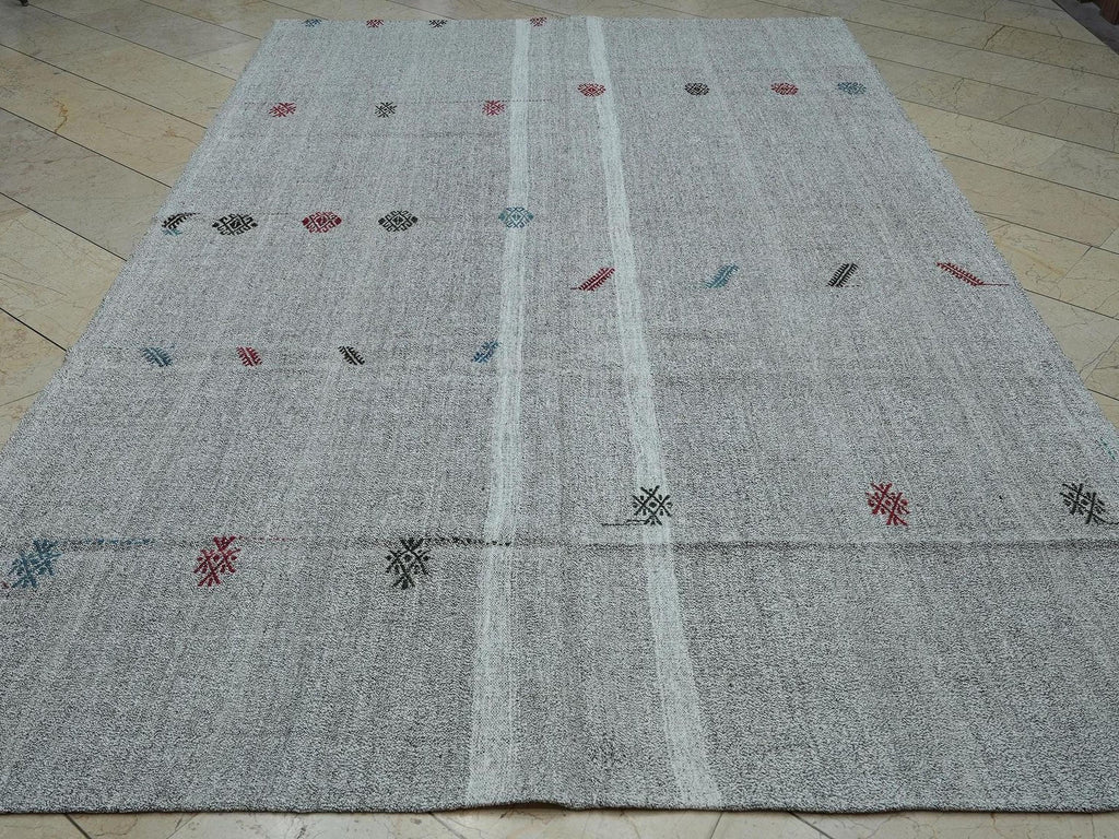 Flat Woven Embroidered Kilim Rug: Gray & White Turkish Nomadic Rugs, 7x11 ft.