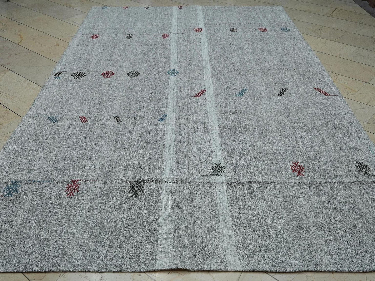Flat Woven Embroidered Kilim Rug: Gray & White Turkish Nomadic Rugs, 7x11 ft.
