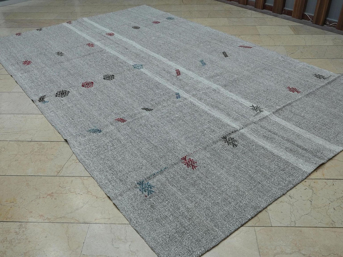 Flat Woven Embroidered Kilim Rug: Gray & White Turkish Nomadic Rugs, 7x11 ft.