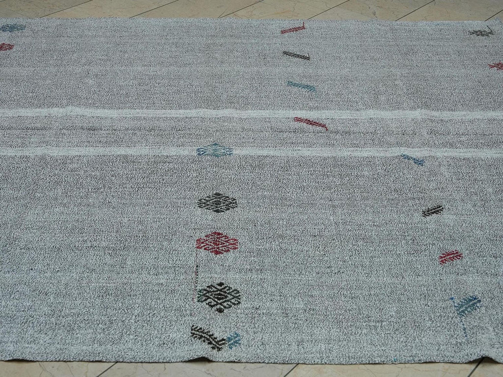 Flat Woven Embroidered Kilim Rug: Gray & White Turkish Nomadic Rugs, 7x11 ft.