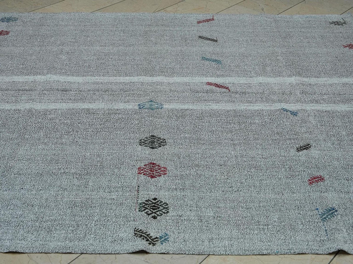 Flat Woven Embroidered Kilim Rug: Gray & White Turkish Nomadic Rugs, 7x11 ft.