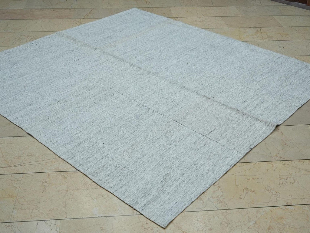 Square Size Grayish White Patchwork Kilim Rug,6.4x6.7 Ft,Primitive Decor Plain Rugs.